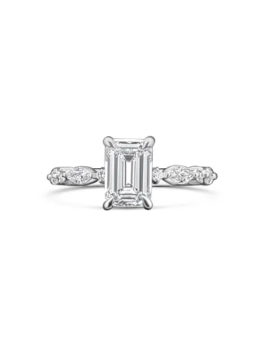 Platinum Radiant-Cut Emerald Lab Diamond Ring with Marquise Side Stones
